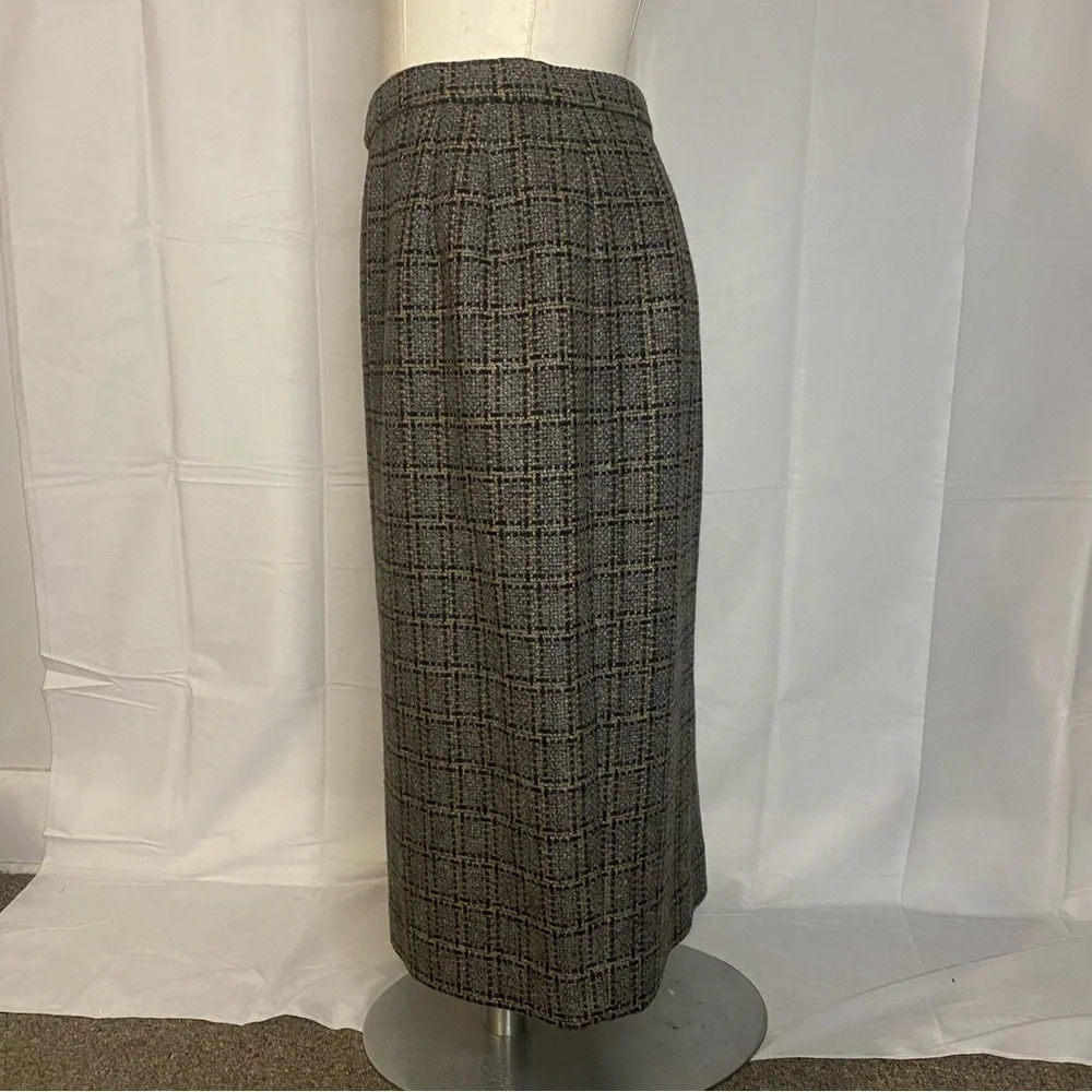 Pendleton Grey Wool Plaid Tan Black Grid Knee Length Midi Skirt size 12